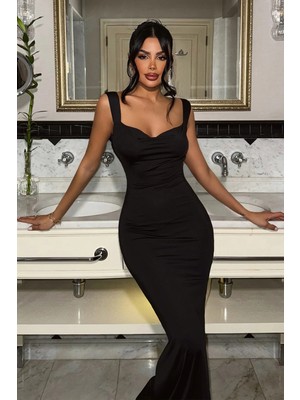 Eyyo Siyah Liliana Arkası Fiyonk Detaylı Elbise ATE-2134