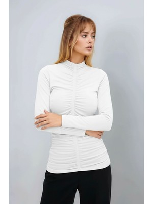 Mamayaga Kadın Dik Yaka Önden Büzgülü Uzun Kol Casual Viskon Spor Şık Büyük Beden Curve Bluz