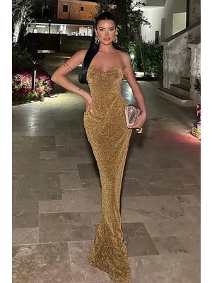 Eyyo Dianora Gold Simli Uzun Elbise ATE-0988
