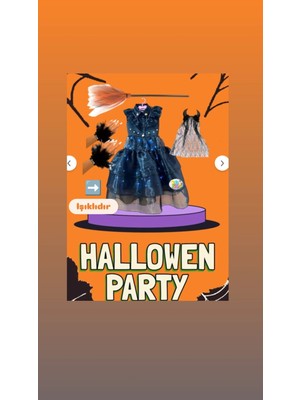 3b Kids Kız Çocuk Cadılar Bayramı Işıklı Kostüm Halloween Kostüm Seti Süpürge Tüylü Eldiven Boynuz Taç Seti