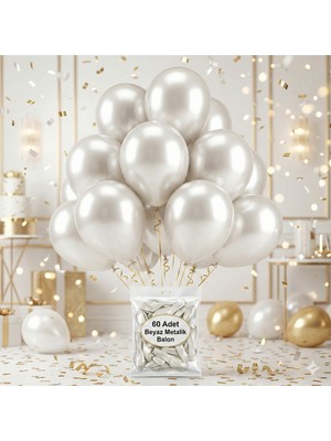 60 Adet Beyaz Metalik Balon Seti - Geniş Alan Doğum Günü ve Etkinlik Dekoru Için