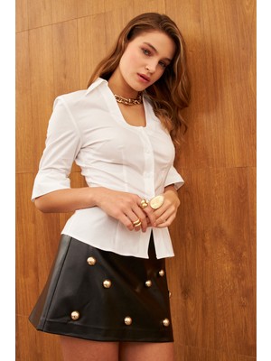 Stella Pulvis Beyaz Likralı U Yaka Slim Fit Gömlek