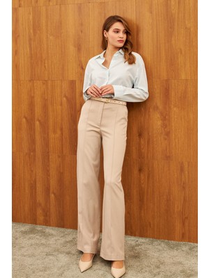 Stella Pulvis Ekru Yüksel Bel Çimalı Cepli Geniş Paça Pantolon