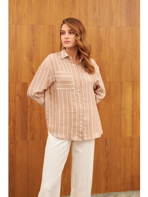 Stella Pulvis Pudra Çizgili Tek Cep Parlak Gömlek
