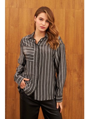 Stella Pulvis Siyah Çizgili Tek Cep Parlak Gömlek