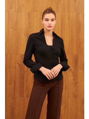Stella Pulvis Siyah Likralı U Yaka Slim Fit Gömlek