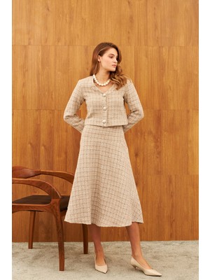 Stella Pulvis Bej Tüvit Astarlı Midi Etek