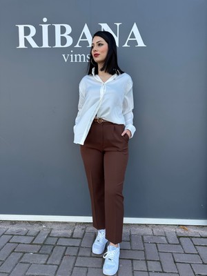 ribana Dar paça pileli kemerli mevsimlik kumaş kadın pantolon