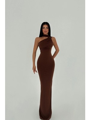 Eyyo Kahverengi Marcia Uzun Elbise ATE-2416