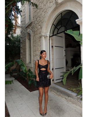 Eyyo Siyah Malinda Pul Payet Elbise ATE-1622