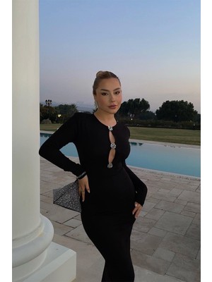 Eyyo Siyah Önü Taş Detay Uzun Elbise ATE3273