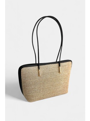 Gerçek Hasır, Fermuar ve Yavru Çanta Detaylı Kadın El ve Omuz Çantası