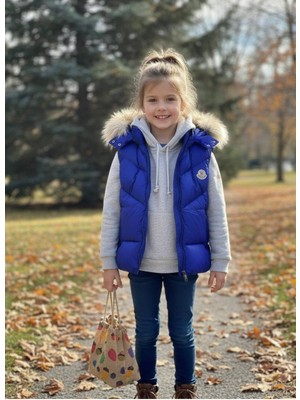 Yusgos Kız Bebek Çocuk Su Geçirmez Fermuarlı Kürklü Kapüşonlu Cepli Şişm