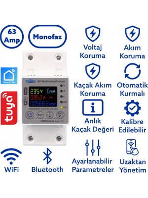 Tomzn 63A Kaçak Akım Koruma Rölesi ve Yüksek Voltaj ve Akım Koruyucu Röle 63A Wifi Özellikli