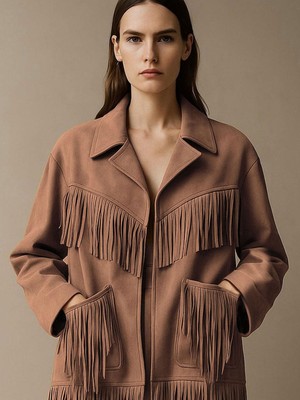 Rivus Modern Form Püskül Detaylı Süet Ceket - Kahve