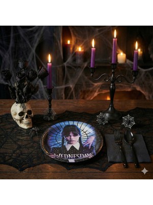 8 Kişilik Wednesday Temalı Tek Kullanımlık Tabak (8 Adet)