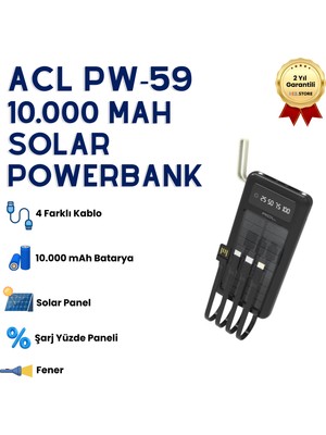 Hzl 10.000mAh Dijital Göstergeli Taşınabilir 22.5W Hızlı Şarjlı Dahili Kablolu Solar Panelli Powerbank Kamp Uyumlu Asma Aparatlı Powerbank