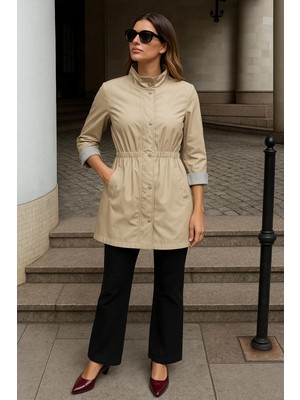 Comstar Kadın Fermuarlı Büzgülü Çizgili Bej Kısa Trençkot