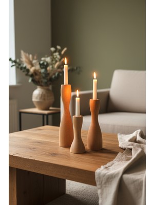 Hamur Dekoratif 3’lü Ahşap Mumluk Set Modern Minimalist Doğal Şamdan Ofis Ev Mum Standı Rustic