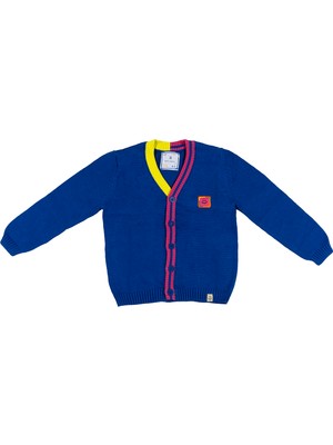 BeetleBeez Çocuk Biyeli Düğmeli Triko Hırka - Mavi / Mavi & Pembe & Lime Çizgili