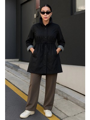 Comstar Kadın Çizgili Astarlı Basic Siyah Kısa Trençkot