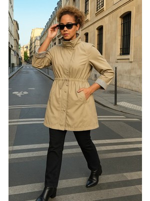 Comstar Kadın Çizgili Basic Trend Bej Kısa Trençkot