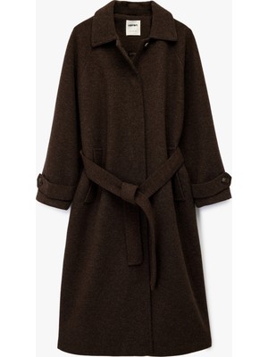 Koton Kemerli Uzun Kaşe Kaban Düğmeli Uzun Kollu Cepli