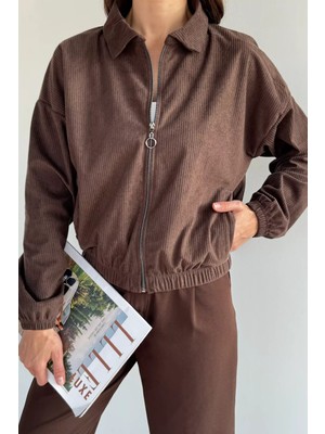 Gülseli Fermuarlı Fitilli Kadife Ceket P-00019253