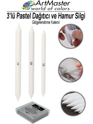 ArtMaster Gölgelendirme Kalemi Pastel Dağıtıcı 3 Lü 1 Paket ve 1 Adet Hamur Silgi Kalemi Kara Kalem Dağıtıcı Kalem Kaynaştırma