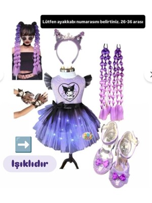 3b Kids Kuromi Işıklı Elbise Kostüm Bubble Saç Kuromi Taç Kuromi Topuklu Ayakkabı Eldiven Seti Düğün Parti