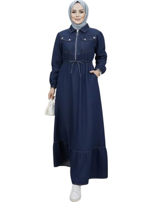Kadın Cep Detaylı Fermuarlı Tesettür Lacivert Kot Elbise