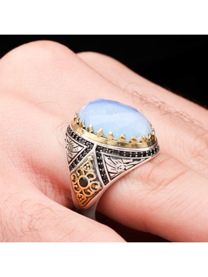 Mem Güney Silver Kalem Işçilikli Ay Taşlı 925 Ayar Erkek Gümüş Yüzük