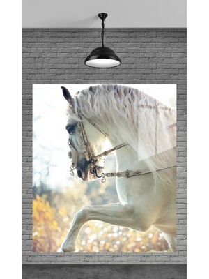 Marsilyan Beyaz At Dekoratif Temperli Cam Üzerine Tablo Sevgilinize Yılbaşı Hediye