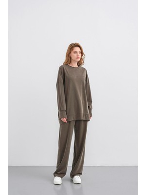 Haki Kadın Tencel Karışımlı Yumuşak Dokulu Nervürlü Bol Paça Basic Alt-Üst Takım