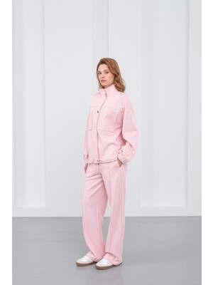 Pembe Kadın Pike Dokulu Bel Ayarlanabilir Oversize Ceket Pantolon Takım