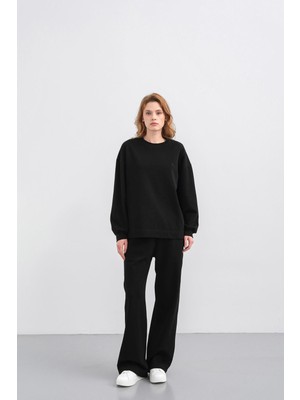 Siyah Kadın Oversize Pike Dokulu Bol Paça Alt-Üst Takım