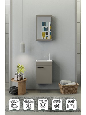 Biani Fix Loft Mini 42 Cm Banyo Dolabı,Seramik Lavabolu, Aynalı,Lavabo Dahil, Mdf,Latte