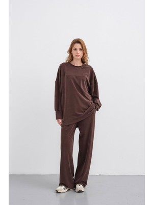 Kahverengi Kadın Tencel Karışımlı Yumuşak Dokulu Nervürlü Bol Paça Basic Alt-Üst Takım