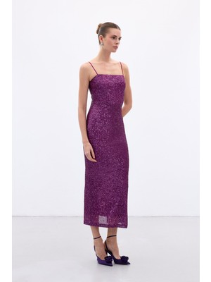 Sateen Askılı Uzun Payet Elbise - Mürdüm