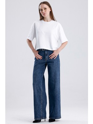 JUST UNIQUE DENIM J.U.D Sophia 308 Normal Kemerli Bel Koyu Mavi Wide Leg Jeans Kadın