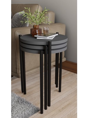 Alpa Ev Mobilya 3'lü Yuvarlak Zigon Sehpa Seti | Metal Ayaklı Salon Oturma Odası Yan Sehpa - Kahve Sehpası