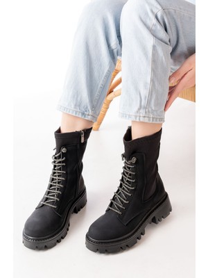 Zerenyus ZRİN-2006 Premium Siyah Zümrüt Bağcıklı Fermuarlı Kadın Bot