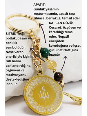 Biuti Çelik Çift Taraflı Ayetel Kürsi Hat Nazar Ayeti Anahtarlık Doğal Taşlar; Apatit, Sitrin,kaplan Gözü