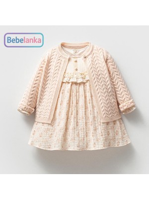 Noynoy Kız Çocuk Pembe Çiçek Desenli Elbise ve Triko Hırka 2'li Takım 882805