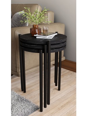 Alpa Ev Mobilya 3'lü Yuvarlak Zigon Sehpa Seti | Metal Ayaklı Salon Oturma Odası Yan Sehpa - Kahve Sehpası