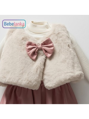 Nipperland Kız Çocuk Pembe Fiyonklu Peluş Yelekli Triko Kazak ve Etek 3'lü Lisanslı Takım 770963