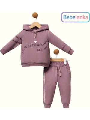 Moi Noi Kız Çocuk Mürdüm Kapüşonlu Sweatshirt ve Şeritli Eşofman Altı Takımı 676286