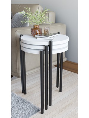 Alpa Ev Mobilya 3'lü Yuvarlak Zigon Sehpa Seti | Metal Ayaklı Salon Oturma Odası Yan Sehpa - Kahve Sehpası