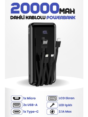 20.000 Mah Plus Dijital Göstergeli Dahili Çoklu Kablolu Powerbank Taşınabilir Şarj Cihazı