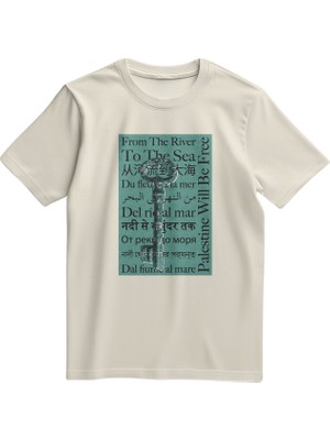 Zaytoon Unisex Kısa Kollu Dönüş Anahtarı ve Çok Dilli \"nehirden Denize\" Sloganlı Tişört S - 2xl T300027